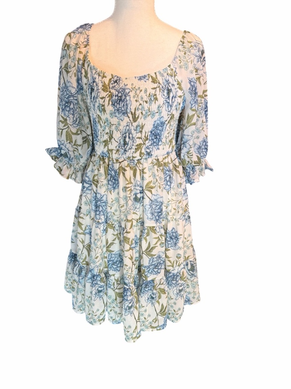 Old Money Cottagecore Baltic Born Blue Floral Smocked Mini Dress Large Boho